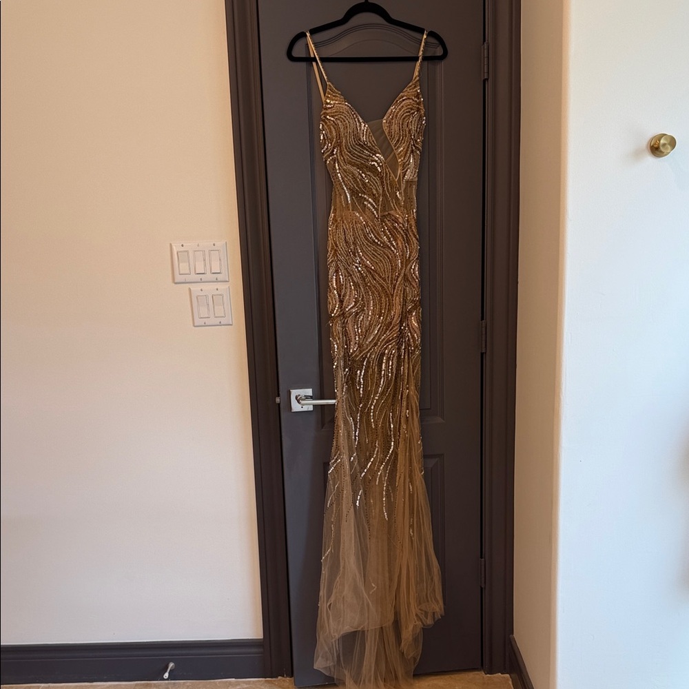 JOVANI Prom Nude/Gold Beaded V-Neck Evening Dress